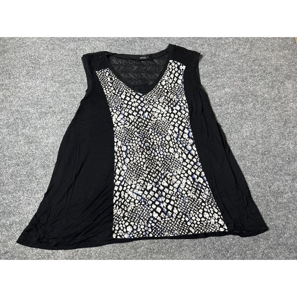 APT. 9 Tank Top Womens 1X Black V Neck Sleeveless Tunic Animal Print Casual